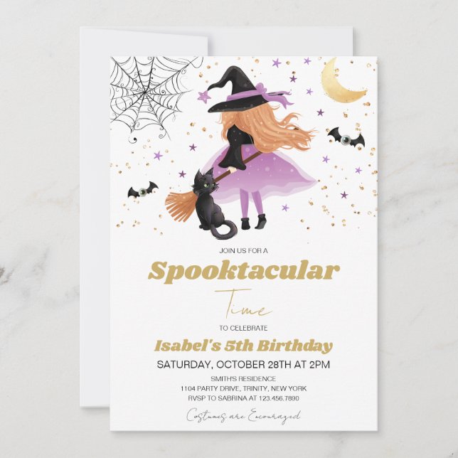 Invitación de cumpleaños de Halloween para brujas  (Anverso)