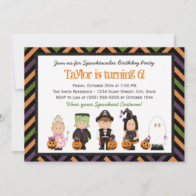 Invitación de cumpleaños de Halloween para disfraz (Anverso)