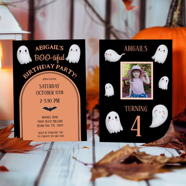 Invitación de cumpleaños de Halloween para niña BO (Photo Halloween Birthday Party Invitation with Ghosts)