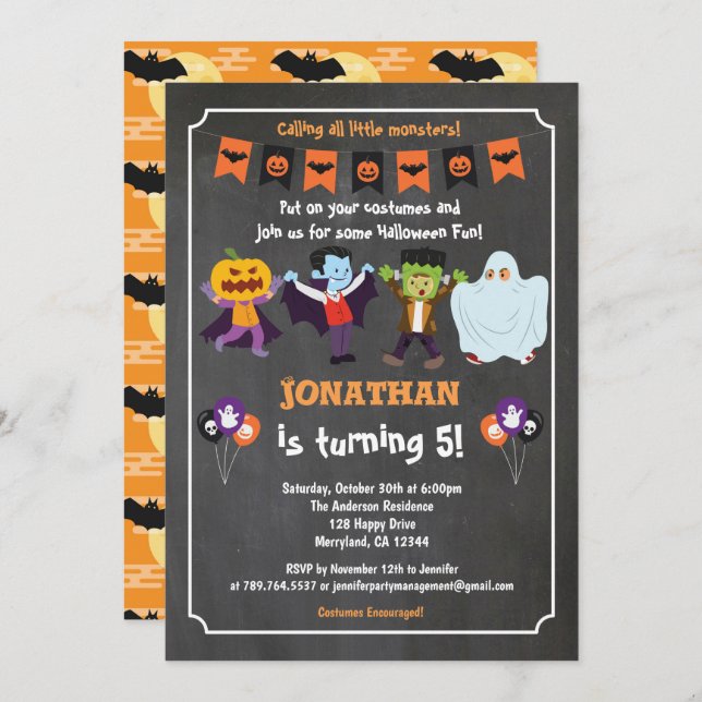 invitación de cumpleaños de Halloween para niño pi (Anverso / Reverso)