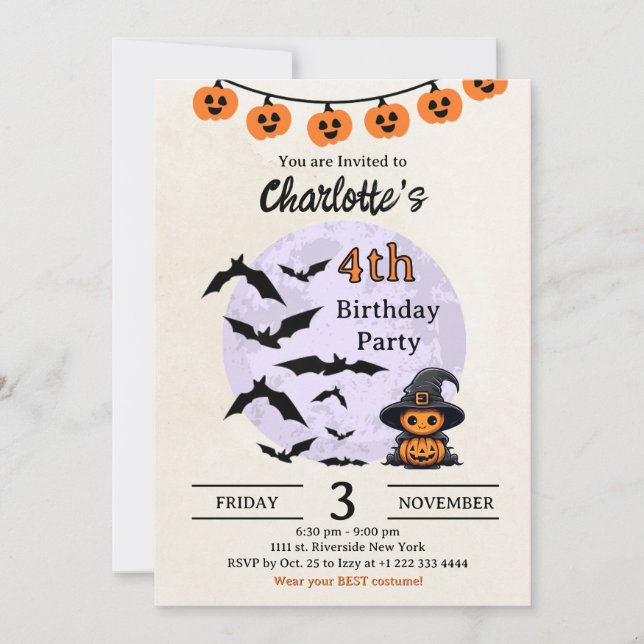 Invitación de cumpleaños de Halloween para niños (Anverso)
