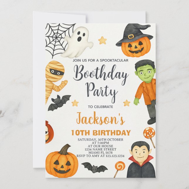 Invitación de cumpleaños de Halloween para niños d (Anverso)