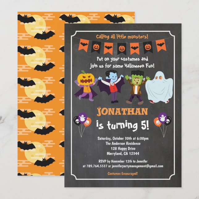 invitación de cumpleaños de Halloween para niños e (Anverso / Reverso)