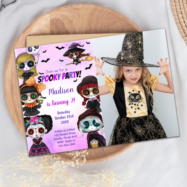 Invitación de cumpleaños de Halloween púrpura con  (Purple Halloween Birthday Invitations with Photo)