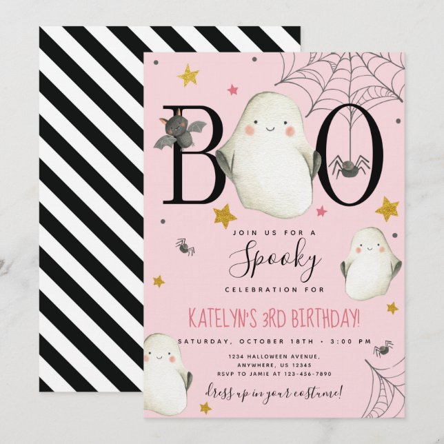 Invitación de cumpleaños de Halloween Rosado (Anverso / Reverso)