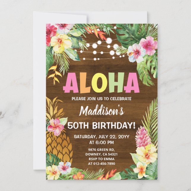 Invitación de cumpleaños de Hawai a Tropical Aloha (Anverso)