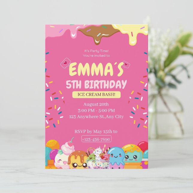 Invitación de Cumpleaños de Helado Adorable (Anverso de pie)