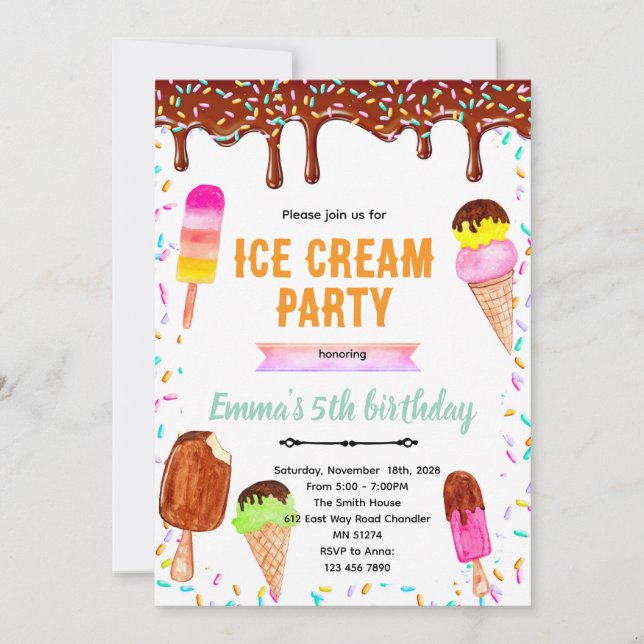 invitación de cumpleaños de helado con goteo de ch (Anverso)