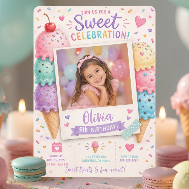 Invitación de cumpleaños de helado dulce con foto (Subido por el creador)