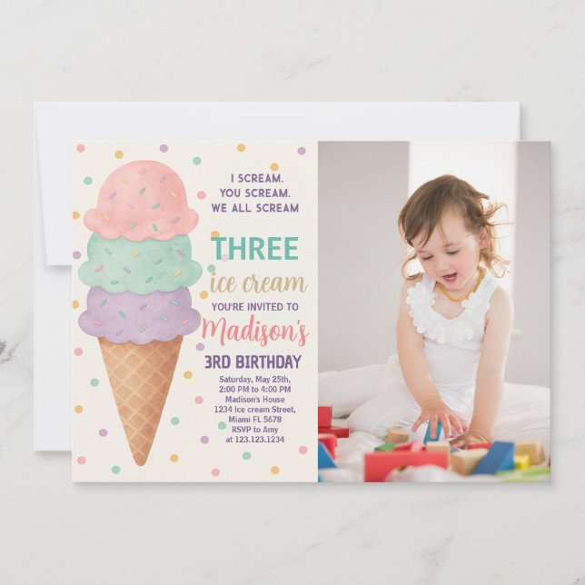 Invitación de cumpleaños de helado editable para n (Anverso)