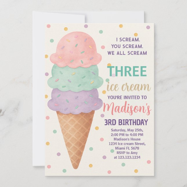 Invitación de cumpleaños de helado editable para n (Anverso)