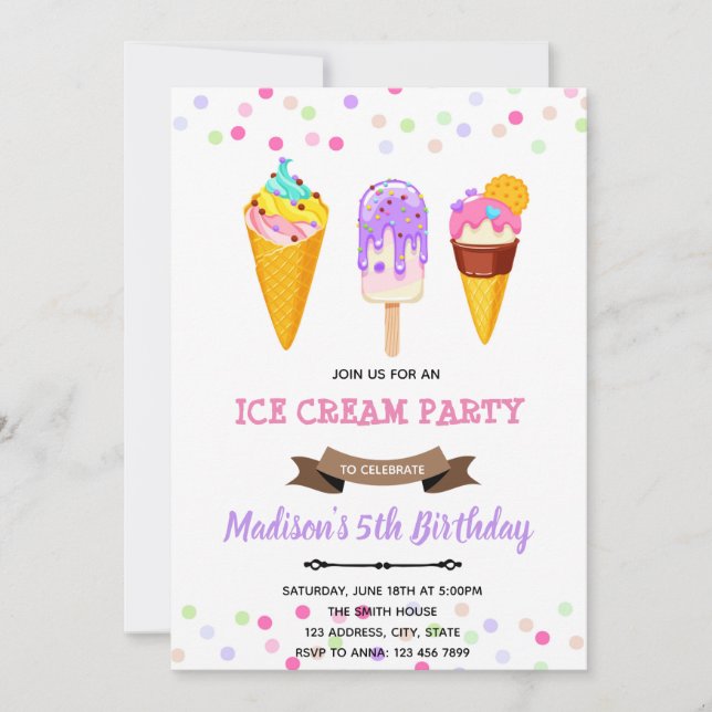 Invitación de cumpleaños de helado lindo (Anverso)