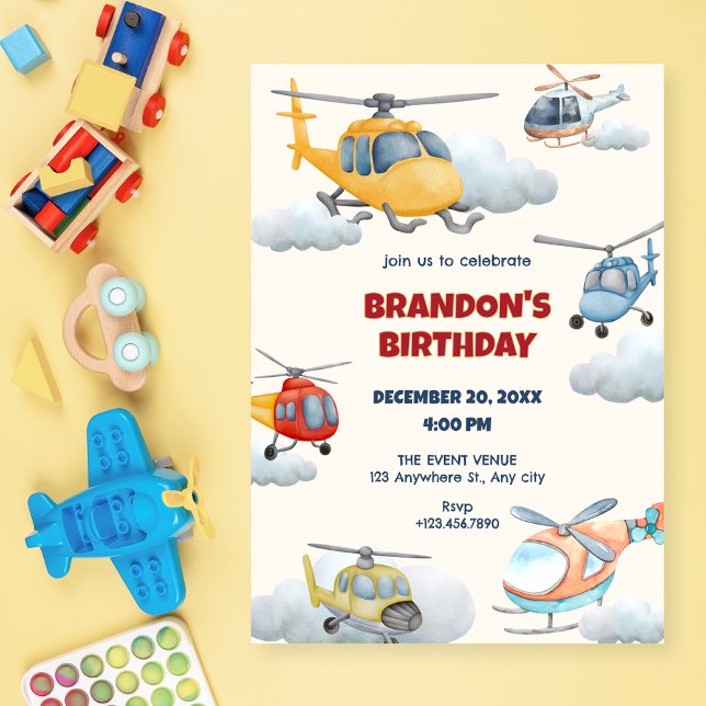 Invitación de cumpleaños de helicóptero colorido (Subido por el creador)