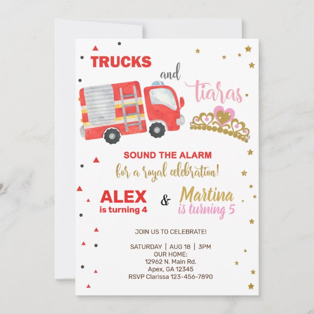 Invitación de cumpleaños de hermanos con camión de (Anverso)