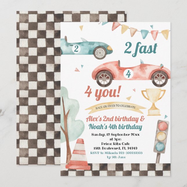 Invitación de cumpleaños de hermanos de autos de c (Anverso / Reverso)