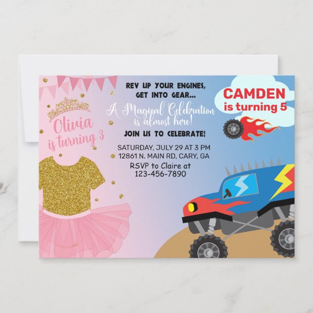 Invitación de cumpleaños de hermanos de camiones T (Anverso)