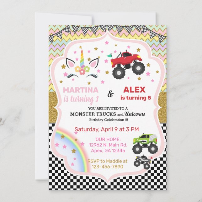 Invitación de cumpleaños de hermanos de unicornio  (Anverso)