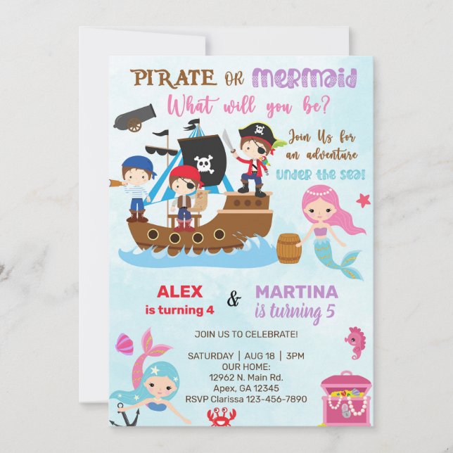 Invitación de cumpleaños de hermanos piratas y sir (Anverso)