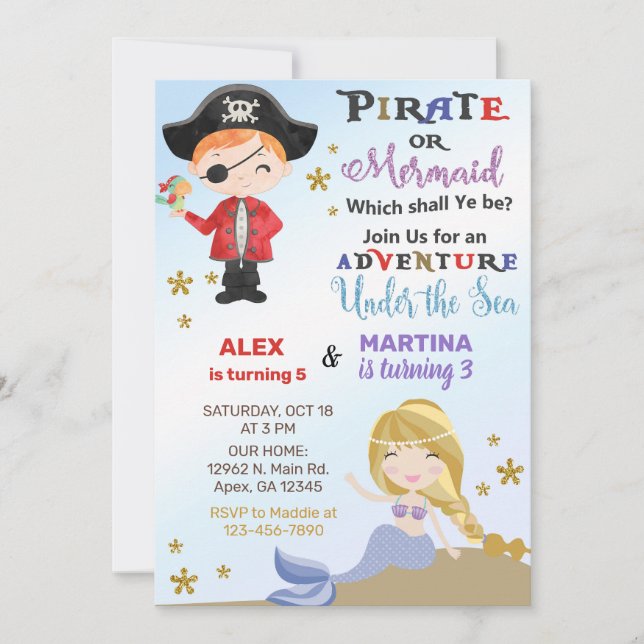 Invitación de cumpleaños de hermanos piratas y sir (Anverso)