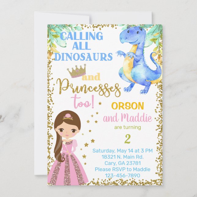Invitación de cumpleaños de hermanos Princesas y d (Anverso)