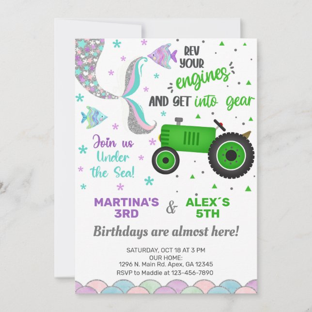 Invitación de cumpleaños de hermanos Tractor y Mer (Anverso)