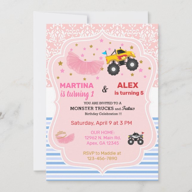 Invitación de cumpleaños de hermanos tutus y camio (Anverso)