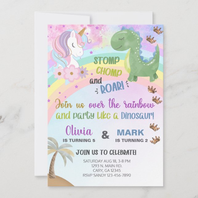 Invitación de cumpleaños de hermanos unicornio y d (Anverso)
