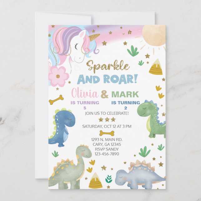 Invitación de cumpleaños de hermanos unicornio y d (Anverso)