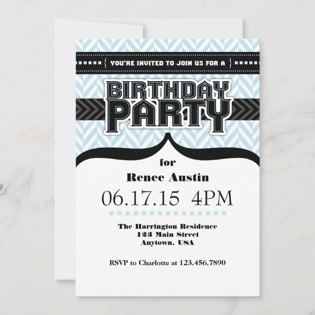 Invitación de cumpleaños de Herringbone azul en po (Anverso)
