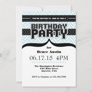 Invitación de cumpleaños de Herringbone azul en po