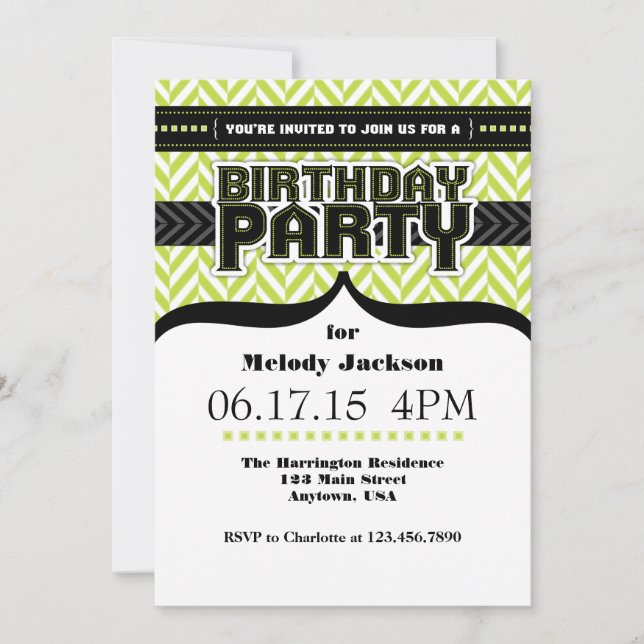 Invitación de cumpleaños de Herringbone Blanco Lim (Anverso)