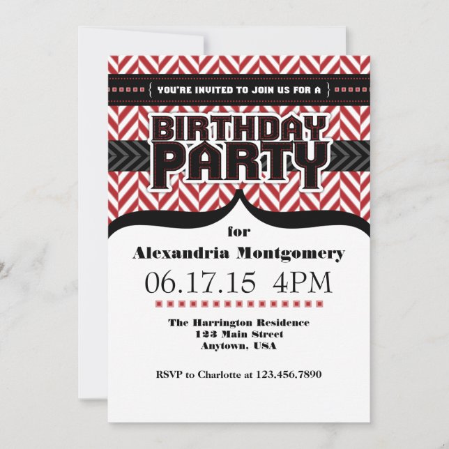 Invitación de cumpleaños de Herringbone blanco roj (Anverso)