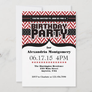 Invitación de cumpleaños de Herringbone blanco roj