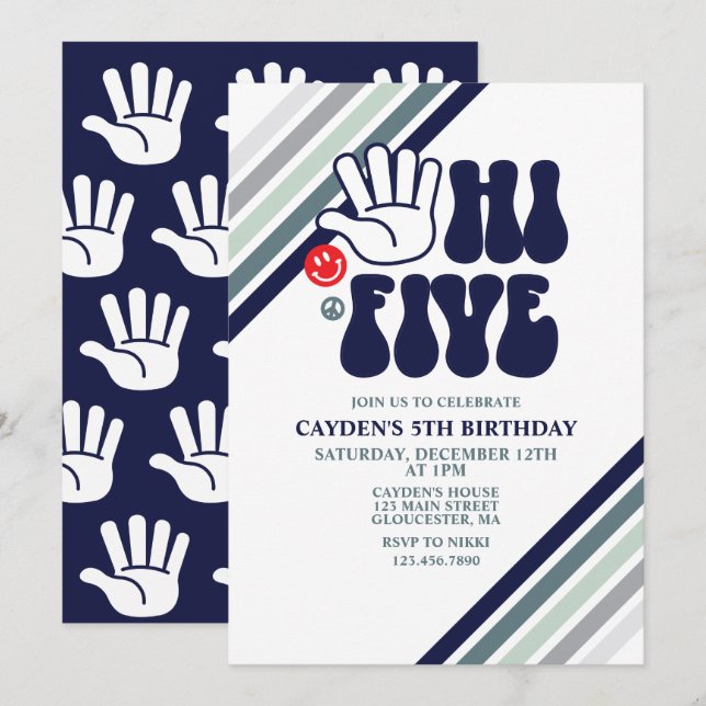 Invitación de cumpleaños de Hi Five Retro Stripes (Anverso / Reverso)