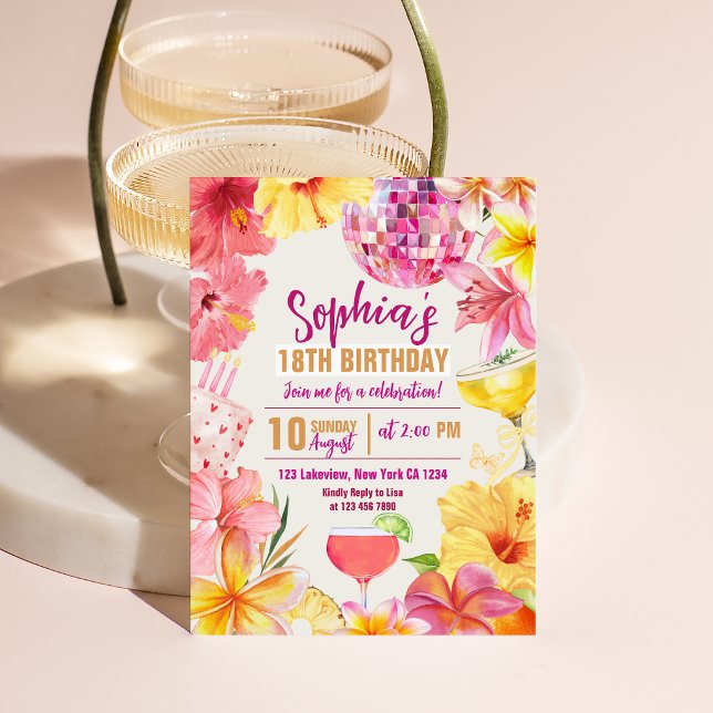 Invitación de cumpleaños de Hibiscus Floral Disco  (Tropical Disco Floral Hibiscus Birthday Invitation)