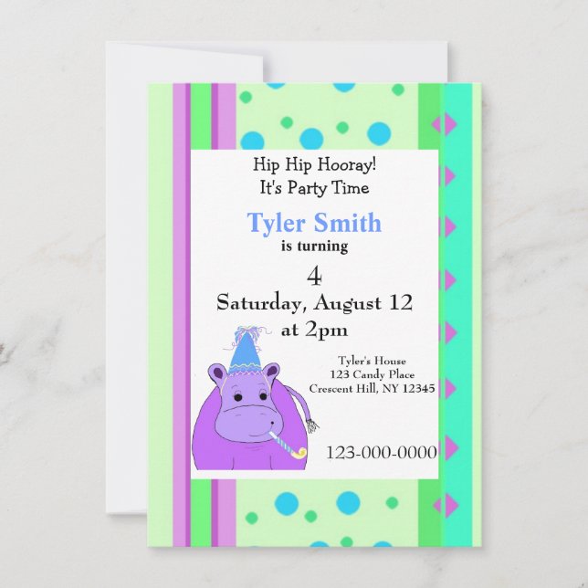 Invitación de cumpleaños de hipopótamo con rayas y (Anverso)
