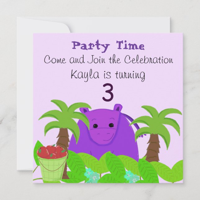 Invitación de cumpleaños de hipopótamo púrpura (Anverso)
