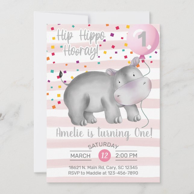 invitación de cumpleaños de hipopótamo rosado chic (Anverso)