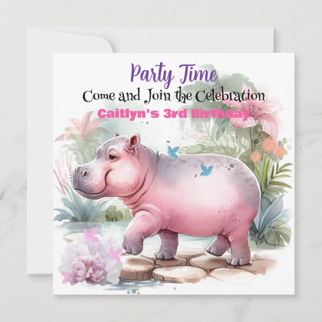 Invitación de cumpleaños de hipopótamo y mariposa (Anverso)