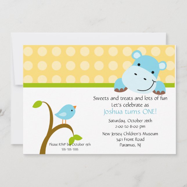 Invitación de cumpleaños de Hippo Azul (Anverso)