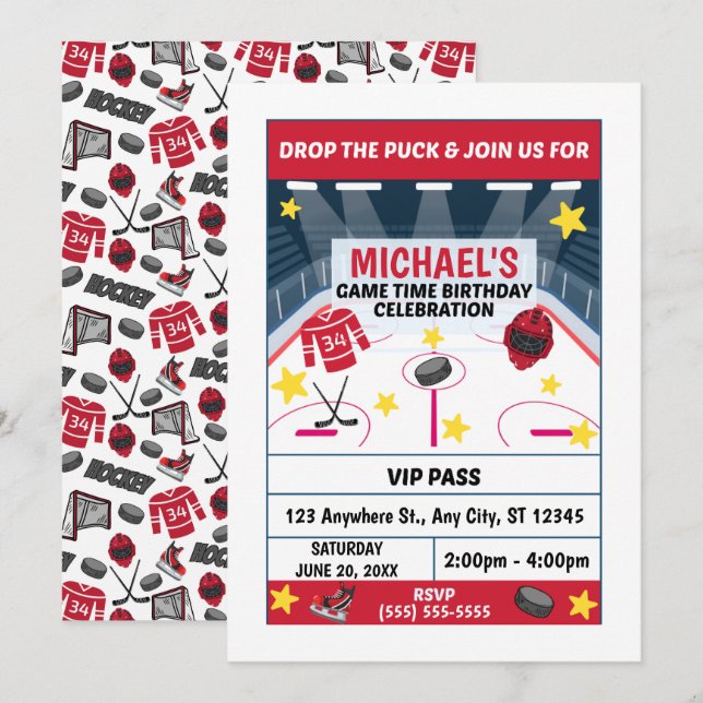 Invitación de Cumpleaños de Hockey (Anverso / Reverso)