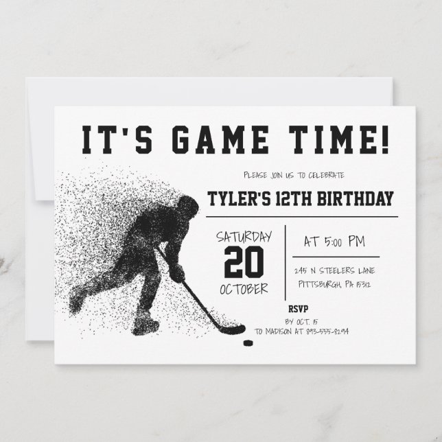 Invitación de cumpleaños de hockey negro (Anverso)