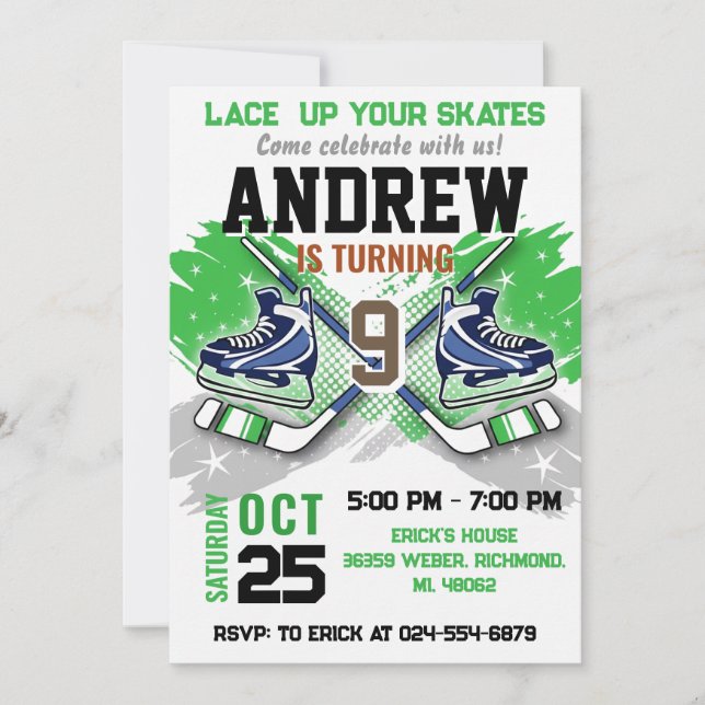 Invitación de cumpleaños de hockey personalizada (Anverso)