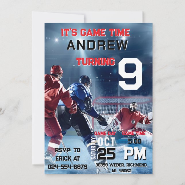 Invitación de cumpleaños de hockey personalizada c (Anverso)