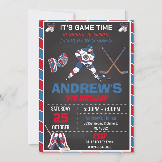 Invitación de cumpleaños de hockey simple personal (Anverso)