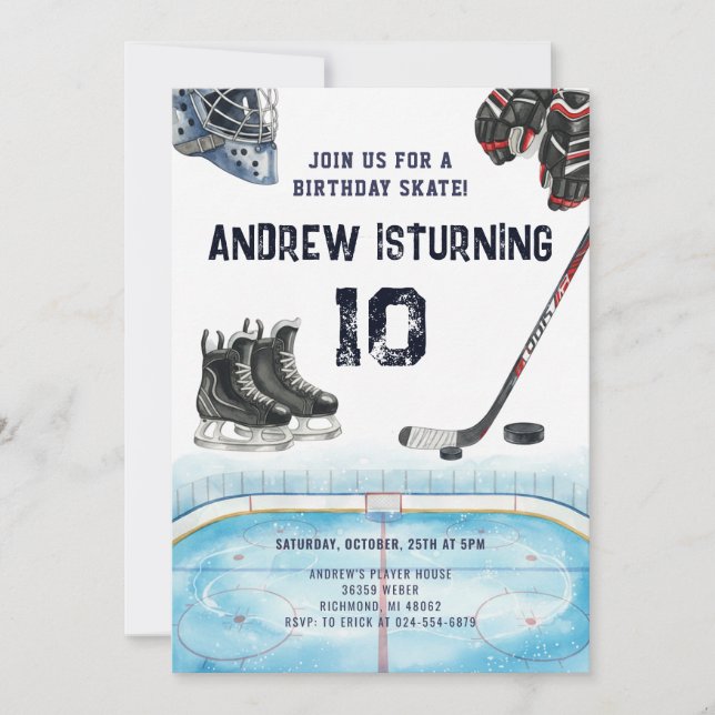 Invitación de cumpleaños de hockey sobre hielo per (Anverso)