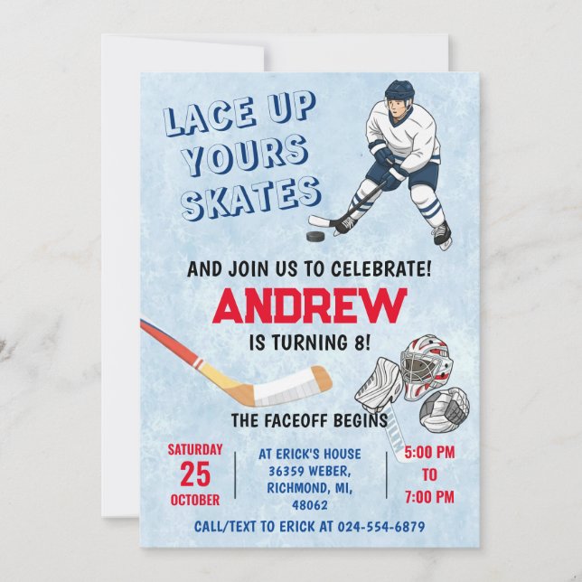 Invitación de cumpleaños de hockey sobre hielo per (Anverso)
