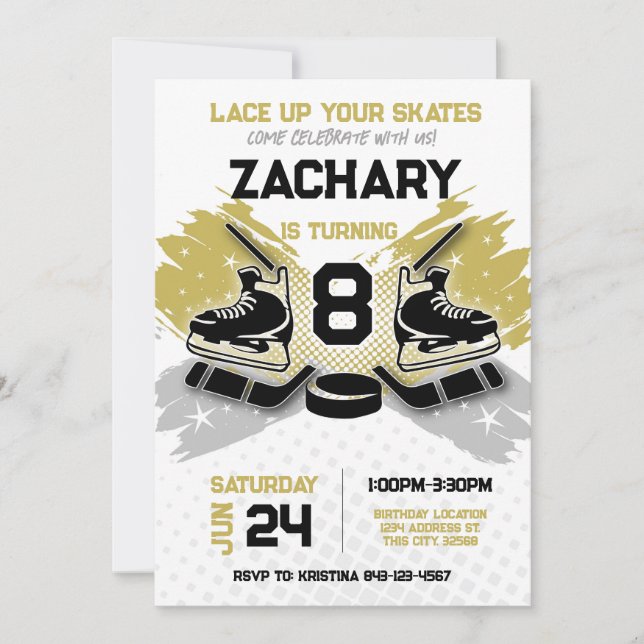 Invitación de cumpleaños de hockey Tema de GOLD (Anverso)
