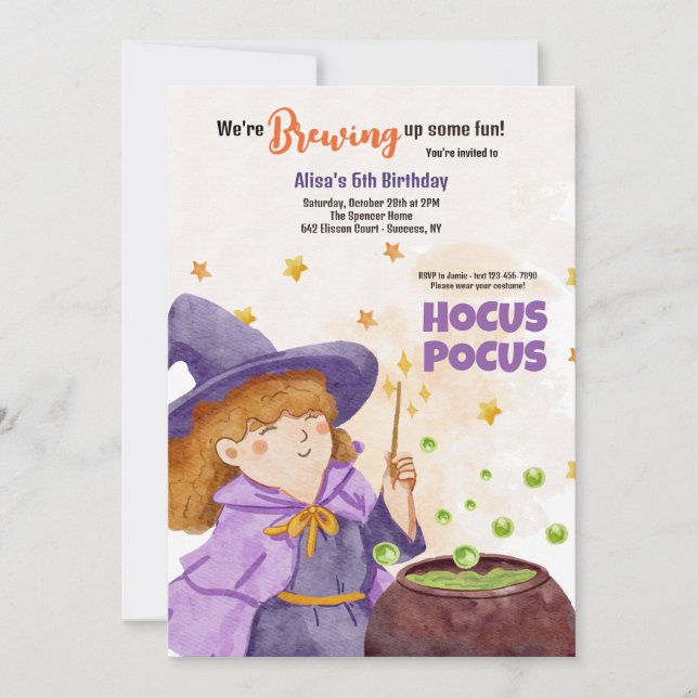 Invitación de cumpleaños de Hocus Pocus Halloween (Anverso)