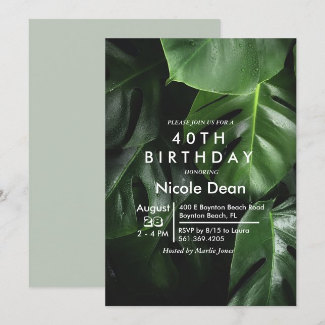INVITACIÓN DE CUMPLEAÑOS DE HOJA TROPICAL PARA CUA (Anverso / Reverso)